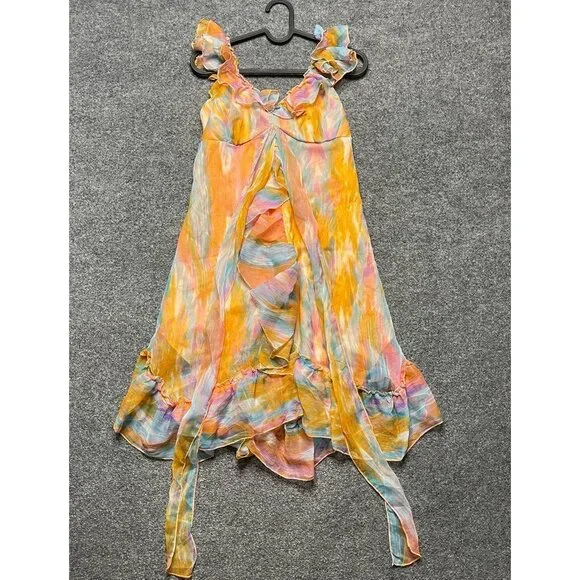 U & Me Womens A Line Dress Orange Abstract Short V Neck Sleeveless Ruffle M - Picture 1 of 7